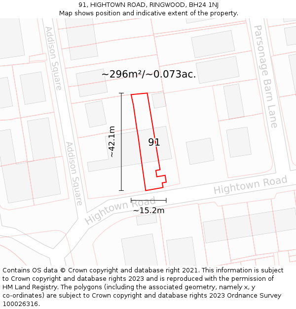 91, HIGHTOWN ROAD, RINGWOOD, BH24 1NJ: Plot and title map