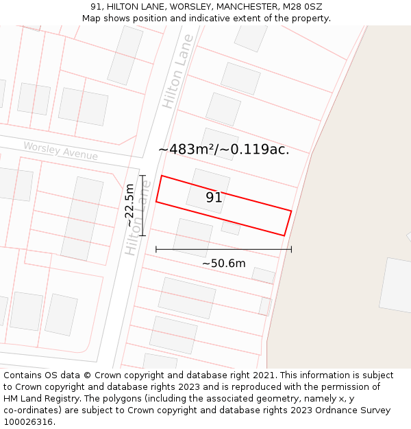 91, HILTON LANE, WORSLEY, MANCHESTER, M28 0SZ: Plot and title map