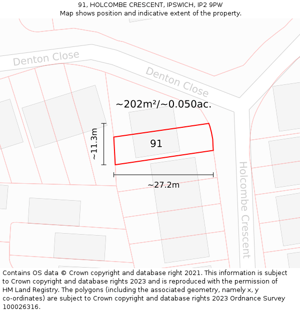 91, HOLCOMBE CRESCENT, IPSWICH, IP2 9PW: Plot and title map