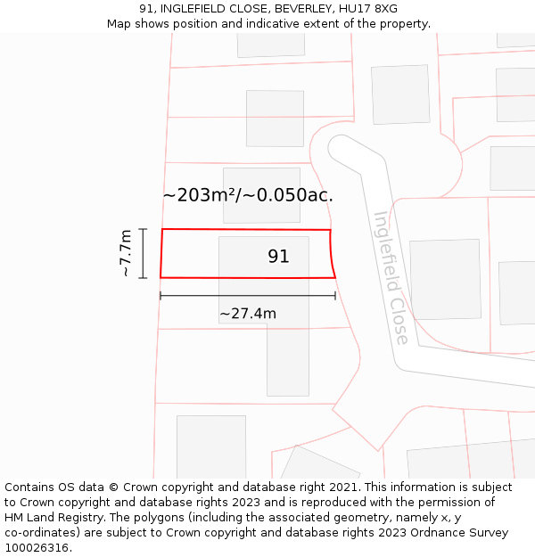 91, INGLEFIELD CLOSE, BEVERLEY, HU17 8XG: Plot and title map