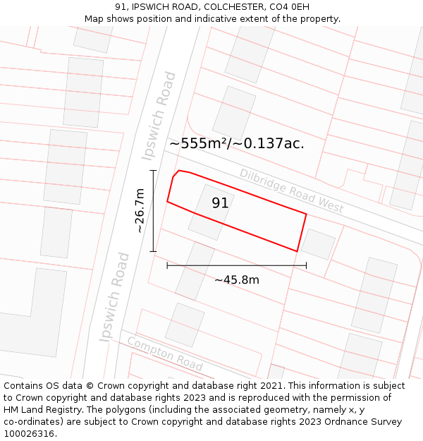 91, IPSWICH ROAD, COLCHESTER, CO4 0EH: Plot and title map