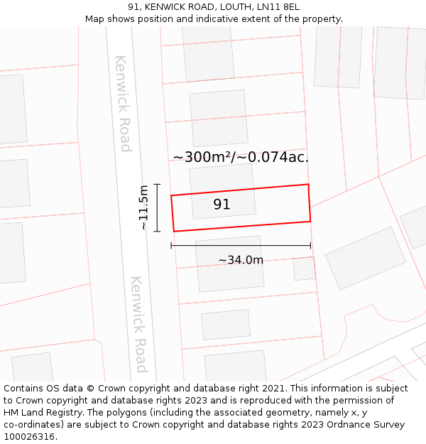 91, KENWICK ROAD, LOUTH, LN11 8EL: Plot and title map