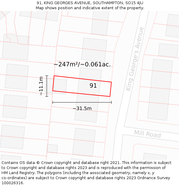 91, KING GEORGES AVENUE, SOUTHAMPTON, SO15 4JU: Plot and title map