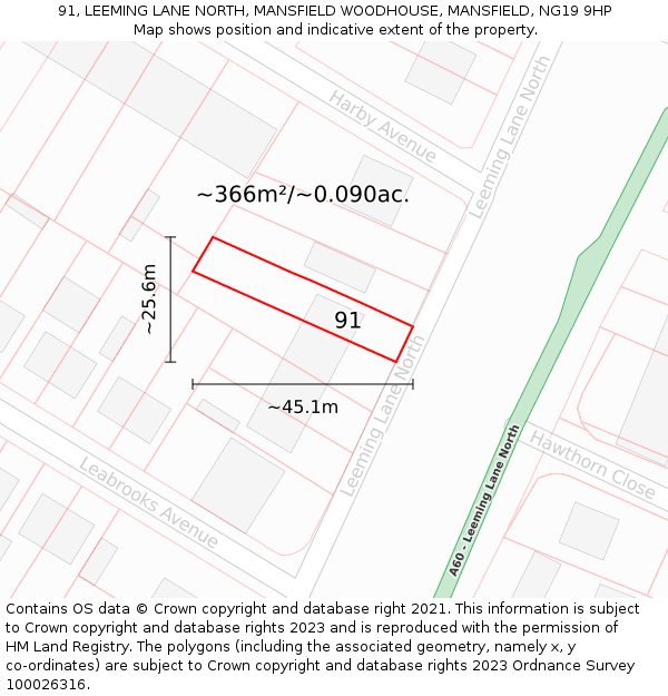 91, LEEMING LANE NORTH, MANSFIELD WOODHOUSE, MANSFIELD, NG19 9HP: Plot and title map