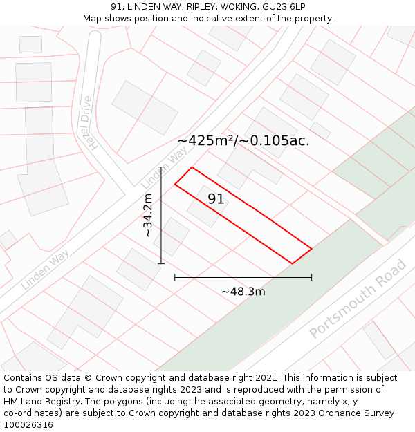 91, LINDEN WAY, RIPLEY, WOKING, GU23 6LP: Plot and title map