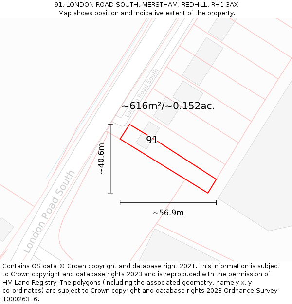 91, LONDON ROAD SOUTH, MERSTHAM, REDHILL, RH1 3AX: Plot and title map