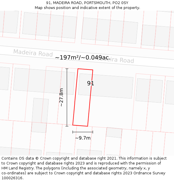 91, MADEIRA ROAD, PORTSMOUTH, PO2 0SY: Plot and title map