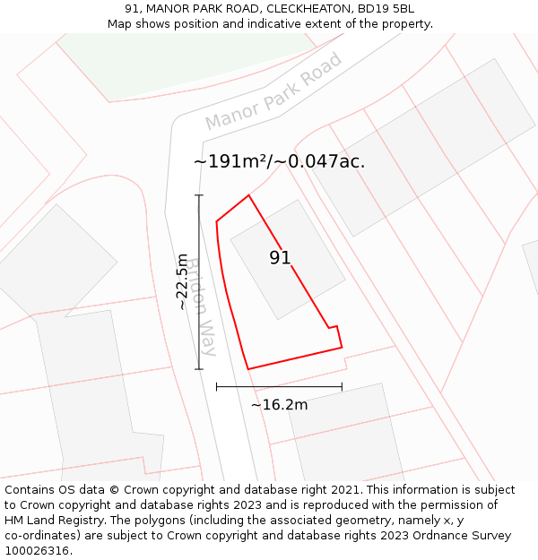 91, MANOR PARK ROAD, CLECKHEATON, BD19 5BL: Plot and title map