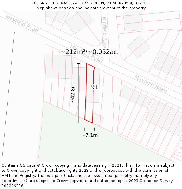 91, MAYFIELD ROAD, ACOCKS GREEN, BIRMINGHAM, B27 7TT: Plot and title map