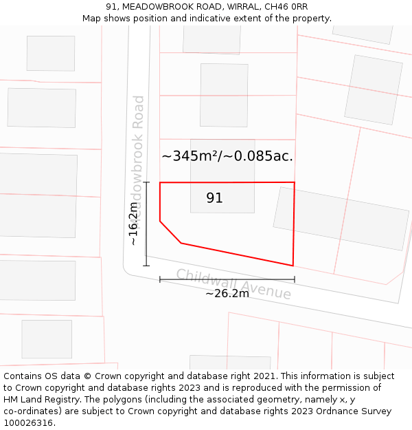 91, MEADOWBROOK ROAD, WIRRAL, CH46 0RR: Plot and title map