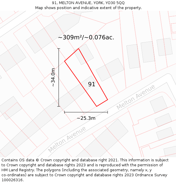 91, MELTON AVENUE, YORK, YO30 5QQ: Plot and title map