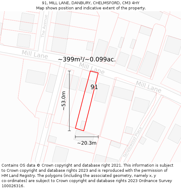 91, MILL LANE, DANBURY, CHELMSFORD, CM3 4HY: Plot and title map