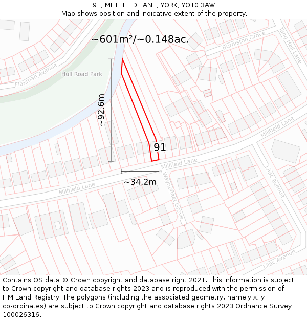 91, MILLFIELD LANE, YORK, YO10 3AW: Plot and title map