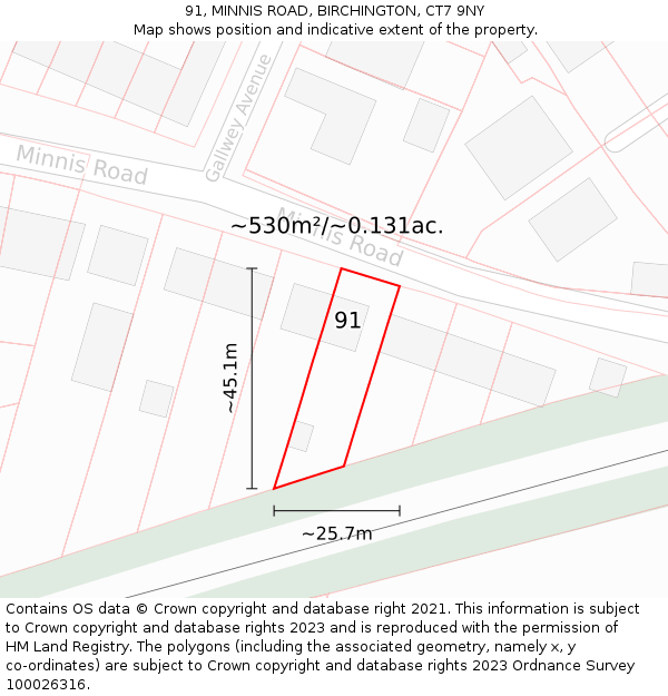 91, MINNIS ROAD, BIRCHINGTON, CT7 9NY: Plot and title map