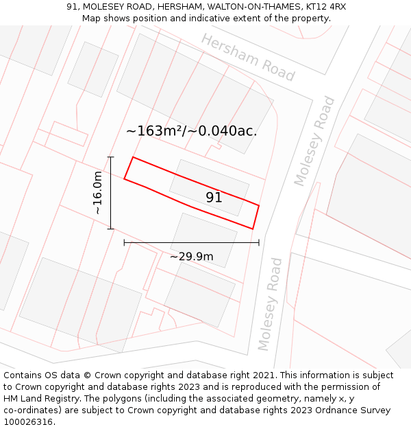 91, MOLESEY ROAD, HERSHAM, WALTON-ON-THAMES, KT12 4RX: Plot and title map