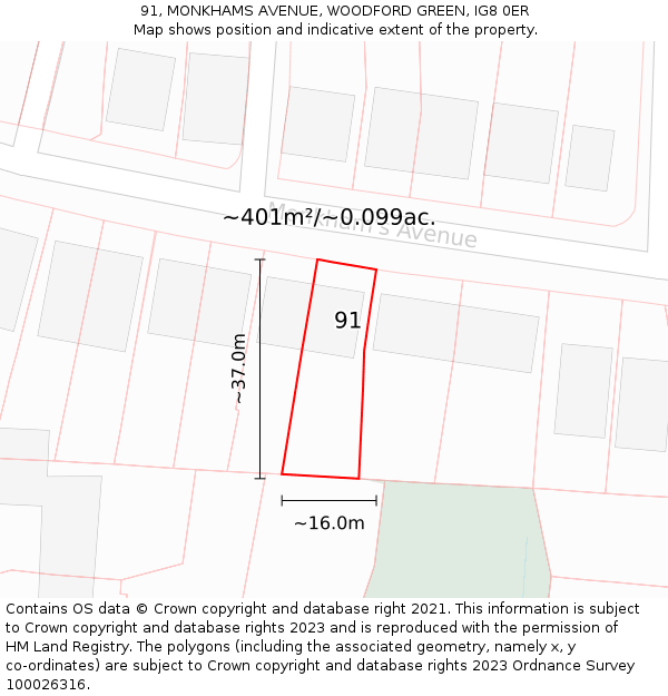 91, MONKHAMS AVENUE, WOODFORD GREEN, IG8 0ER: Plot and title map