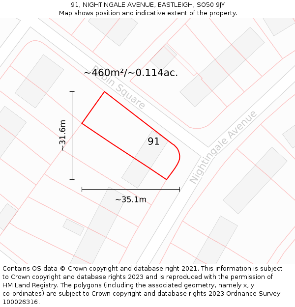 91, NIGHTINGALE AVENUE, EASTLEIGH, SO50 9JY: Plot and title map