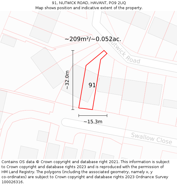 91, NUTWICK ROAD, HAVANT, PO9 2UQ: Plot and title map