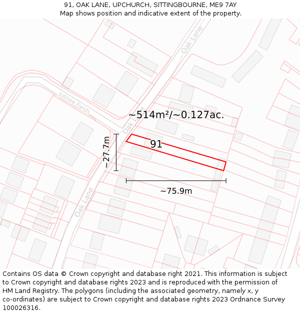 91, OAK LANE, UPCHURCH, SITTINGBOURNE, ME9 7AY: Plot and title map