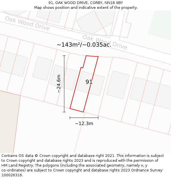 91, OAK WOOD DRIVE, CORBY, NN18 9BY: Plot and title map