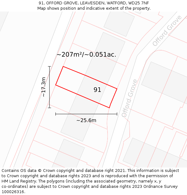 91, OFFORD GROVE, LEAVESDEN, WATFORD, WD25 7NF: Plot and title map