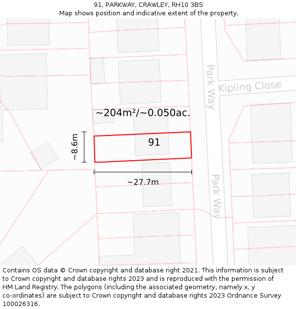 91, PARKWAY, CRAWLEY, RH10 3BS: Plot and title map