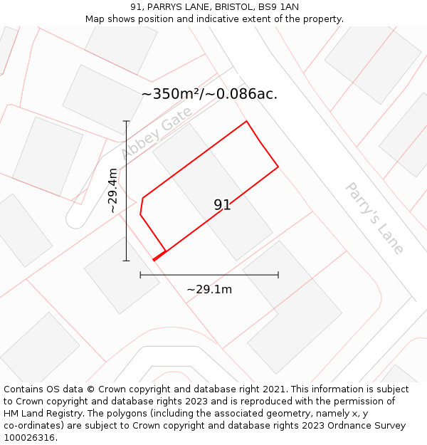 91, PARRYS LANE, BRISTOL, BS9 1AN: Plot and title map