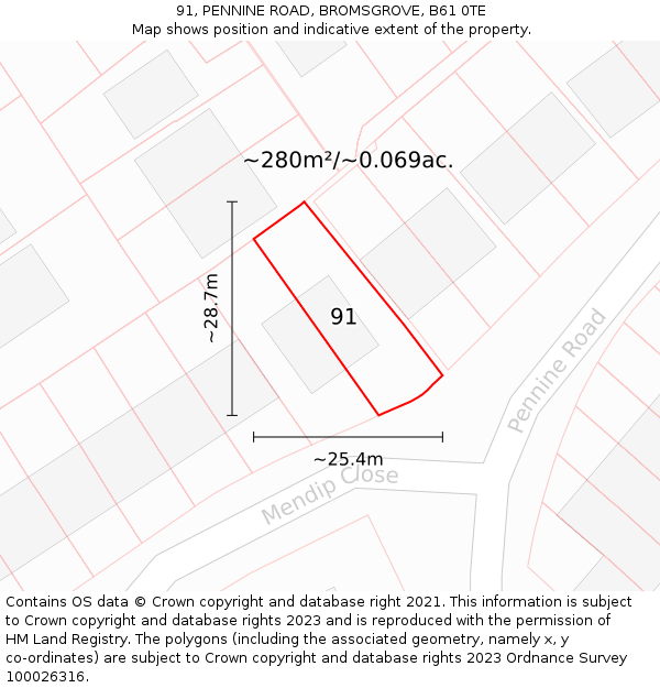 91, PENNINE ROAD, BROMSGROVE, B61 0TE: Plot and title map