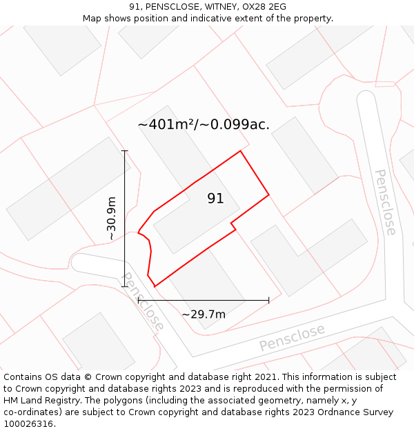 91, PENSCLOSE, WITNEY, OX28 2EG: Plot and title map