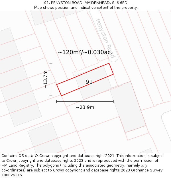 91, PENYSTON ROAD, MAIDENHEAD, SL6 6ED: Plot and title map