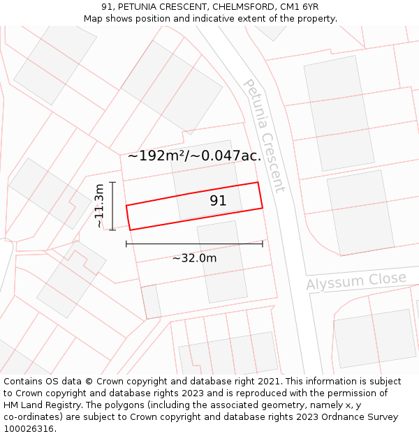 91, PETUNIA CRESCENT, CHELMSFORD, CM1 6YR: Plot and title map