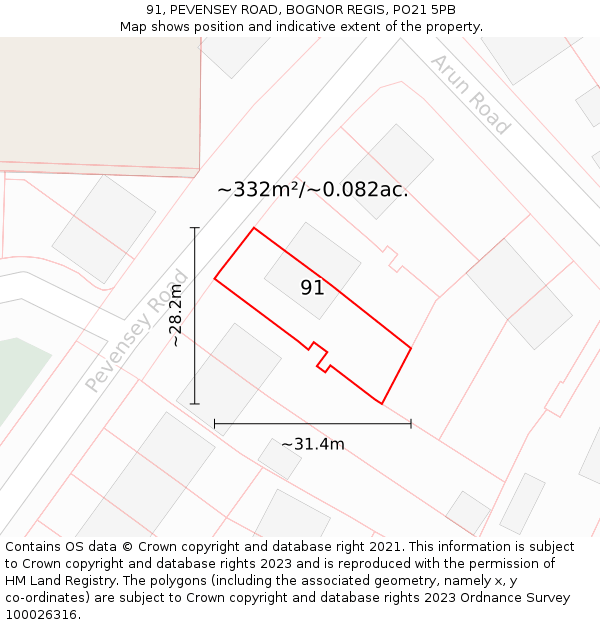 91, PEVENSEY ROAD, BOGNOR REGIS, PO21 5PB: Plot and title map