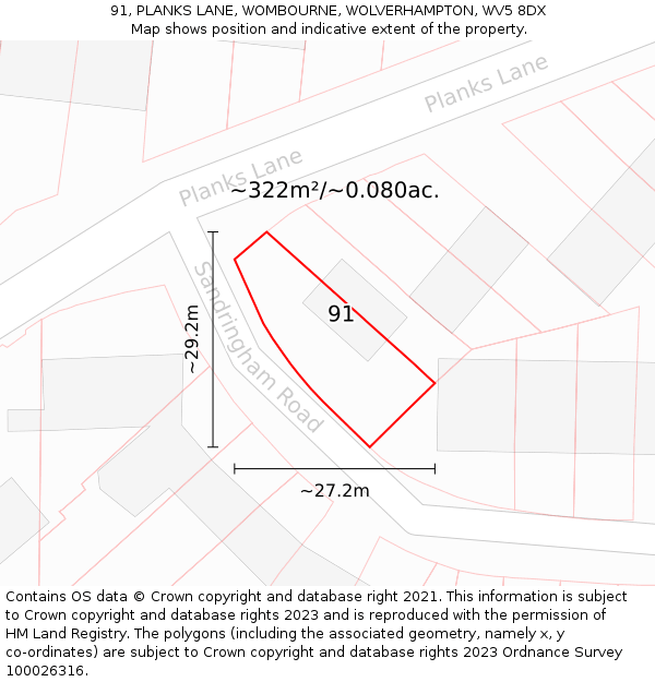 91, PLANKS LANE, WOMBOURNE, WOLVERHAMPTON, WV5 8DX: Plot and title map