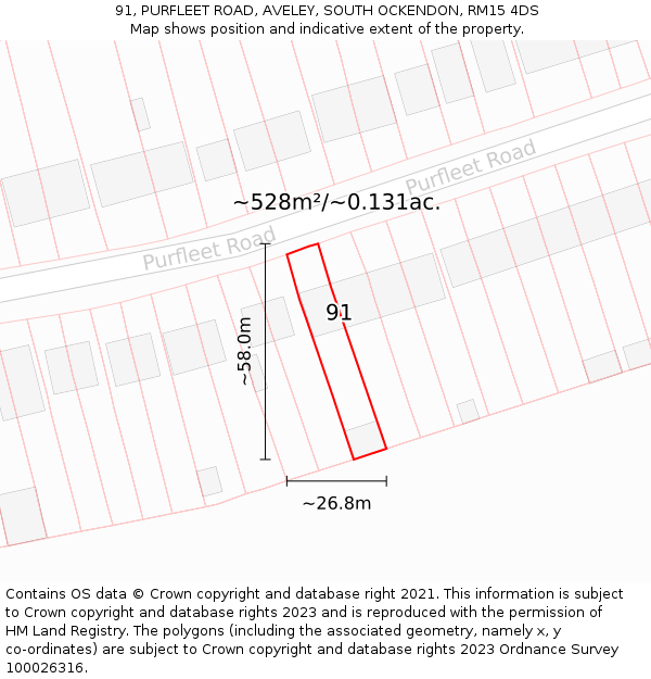 91, PURFLEET ROAD, AVELEY, SOUTH OCKENDON, RM15 4DS: Plot and title map