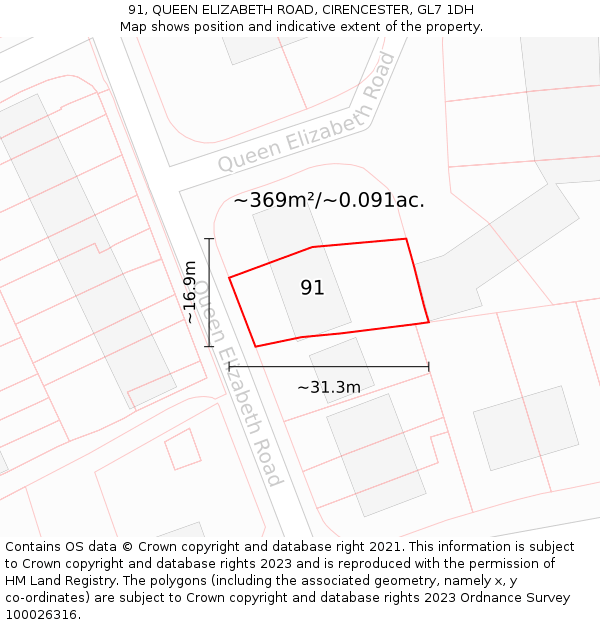 91, QUEEN ELIZABETH ROAD, CIRENCESTER, GL7 1DH: Plot and title map