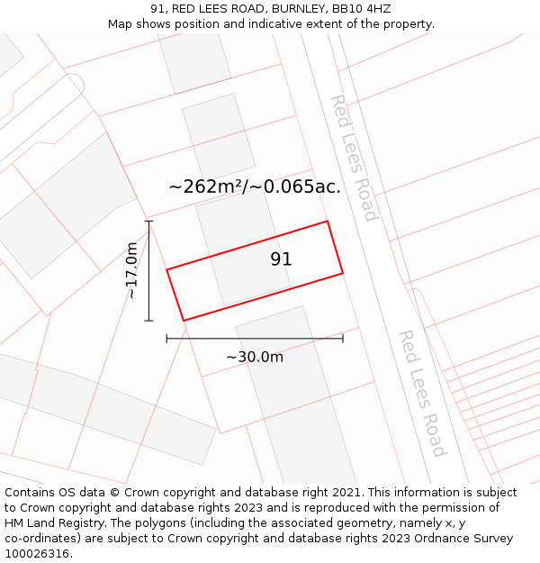 91, RED LEES ROAD, BURNLEY, BB10 4HZ: Plot and title map