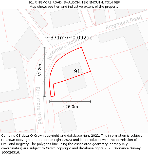 91, RINGMORE ROAD, SHALDON, TEIGNMOUTH, TQ14 0EP: Plot and title map