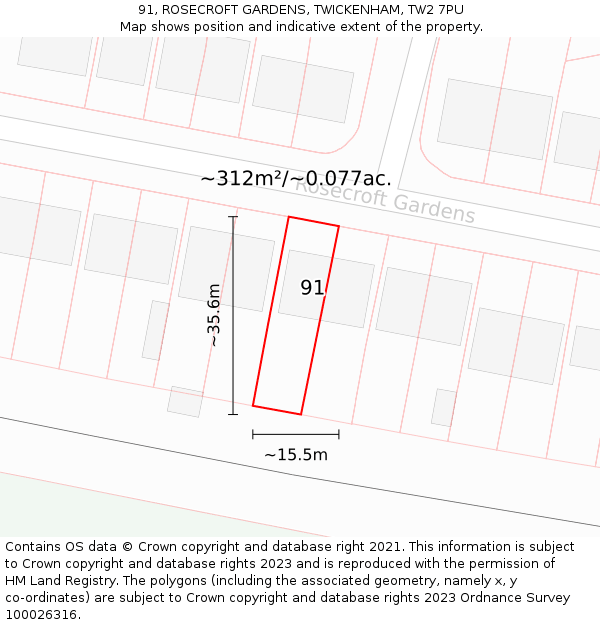 91, ROSECROFT GARDENS, TWICKENHAM, TW2 7PU: Plot and title map