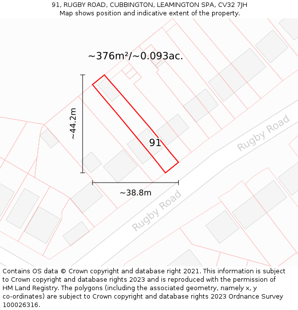 91, RUGBY ROAD, CUBBINGTON, LEAMINGTON SPA, CV32 7JH: Plot and title map