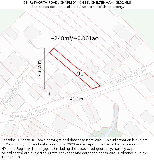 91, RYEWORTH ROAD, CHARLTON KINGS, CHELTENHAM, GL52 6LS: Plot and title map