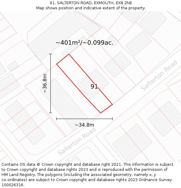 91, SALTERTON ROAD, EXMOUTH, EX8 2NE: Plot and title map