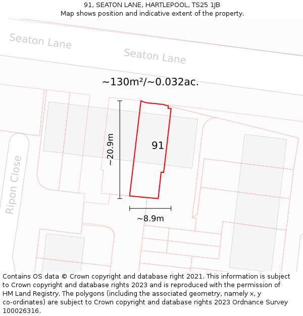 91, SEATON LANE, HARTLEPOOL, TS25 1JB: Plot and title map