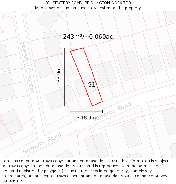 91, SEWERBY ROAD, BRIDLINGTON, YO16 7DR: Plot and title map