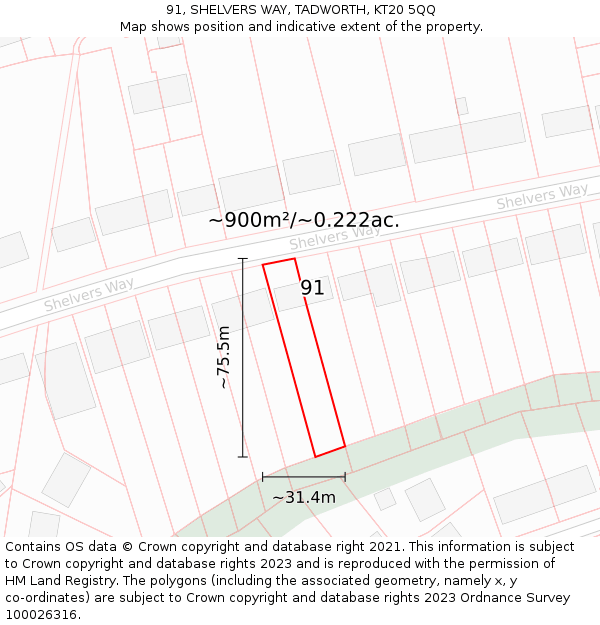 91, SHELVERS WAY, TADWORTH, KT20 5QQ: Plot and title map