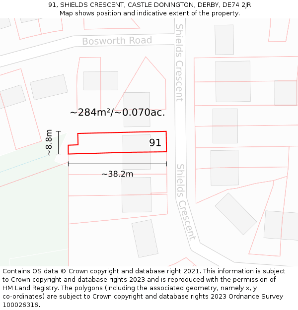 91, SHIELDS CRESCENT, CASTLE DONINGTON, DERBY, DE74 2JR: Plot and title map