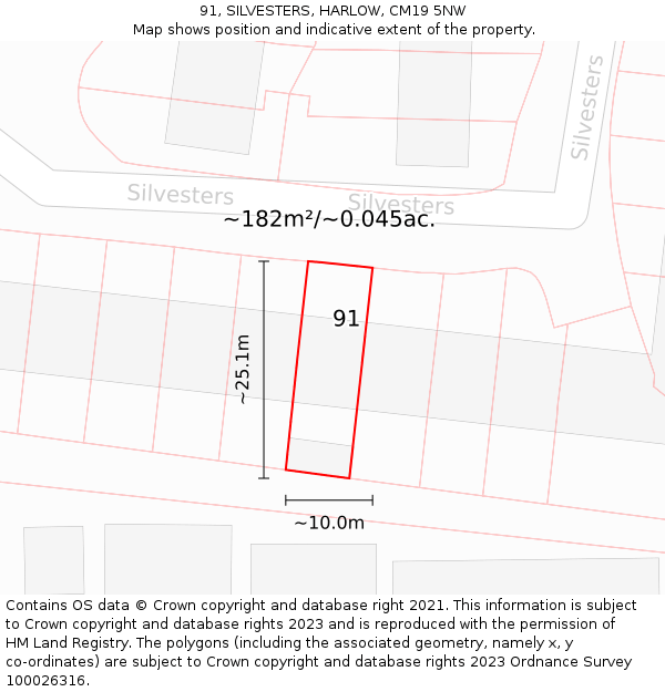 91, SILVESTERS, HARLOW, CM19 5NW: Plot and title map