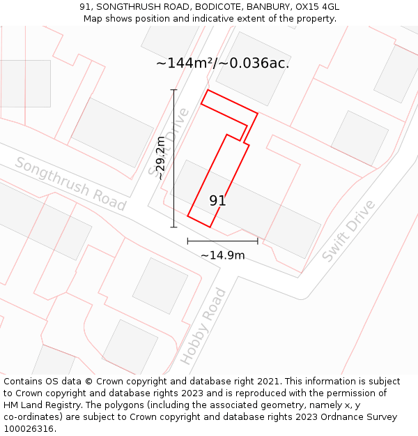 91, SONGTHRUSH ROAD, BODICOTE, BANBURY, OX15 4GL: Plot and title map