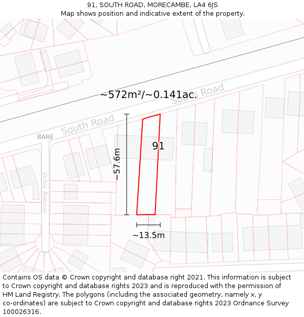 91, SOUTH ROAD, MORECAMBE, LA4 6JS: Plot and title map