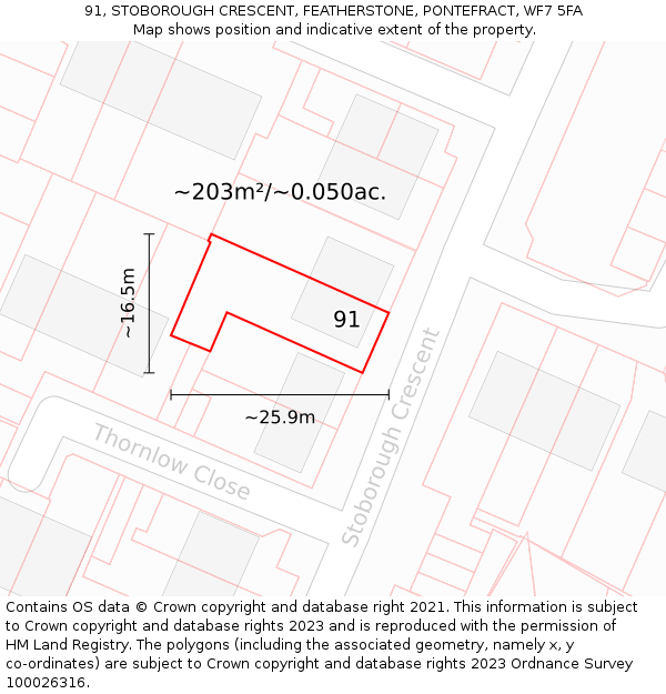 91, STOBOROUGH CRESCENT, FEATHERSTONE, PONTEFRACT, WF7 5FA: Plot and title map