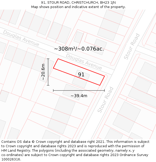 91, STOUR ROAD, CHRISTCHURCH, BH23 1JN: Plot and title map